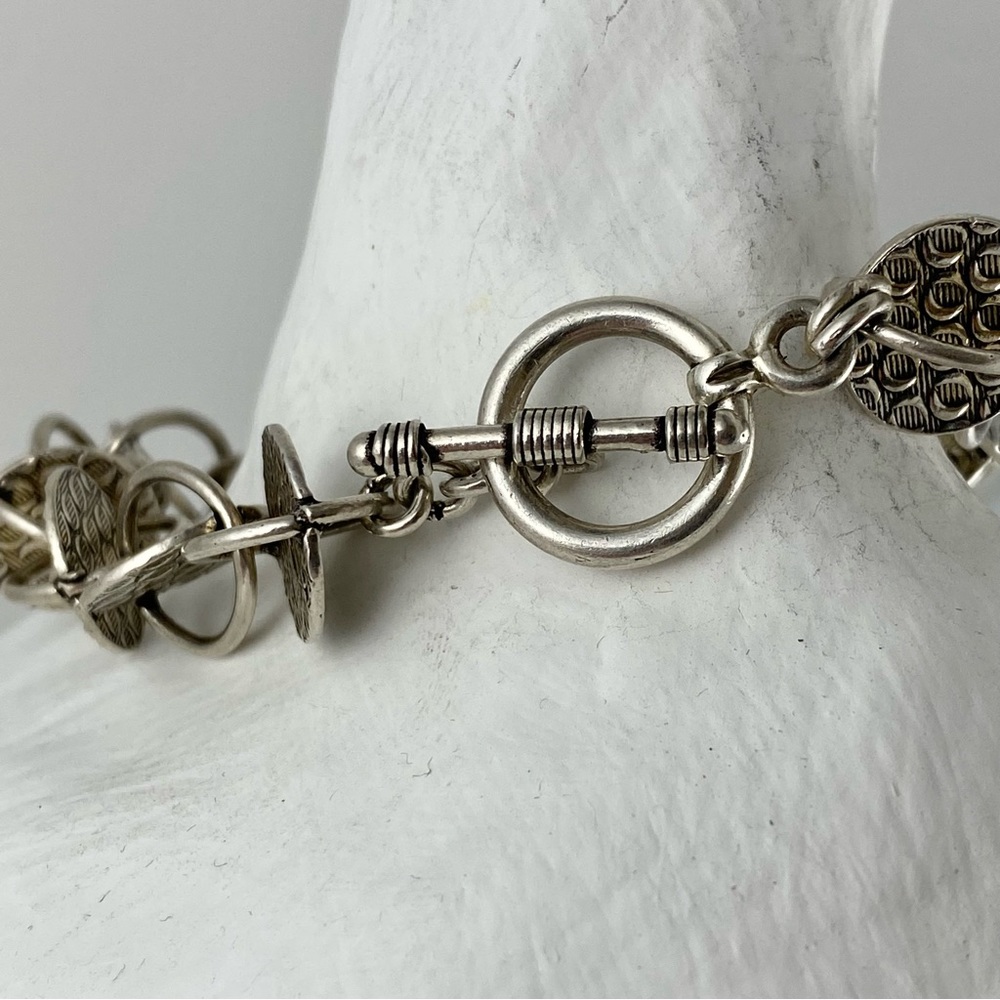 New Sterling Silver Patterned Disc Round Link Bra… - image 6